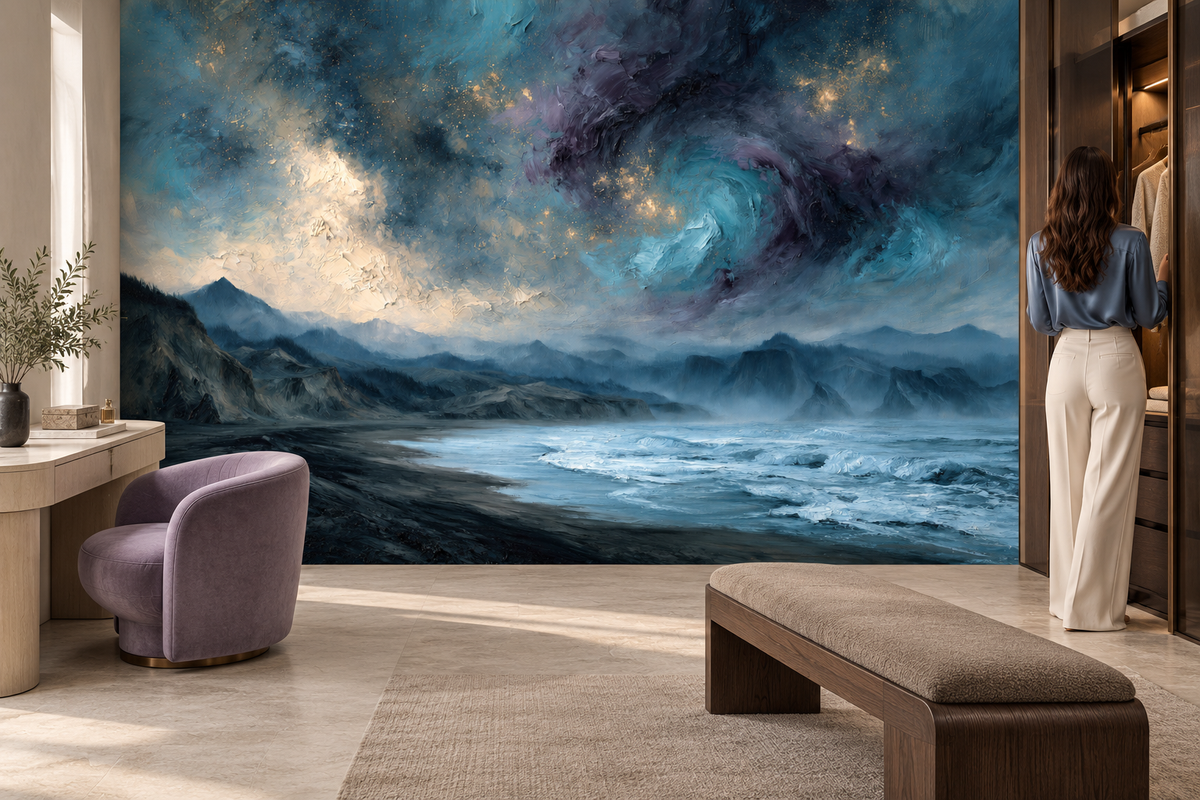Blue coastal oil-painting mural in a dressing room with a lilac armchair, a wood bench and a woman at a wardrobe