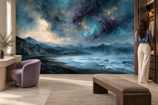 Blue coastal oil-painting mural in a dressing room with a lilac armchair, a wood bench and a woman at a wardrobe
