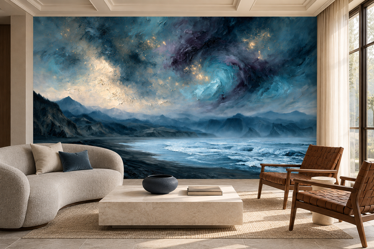 Turquoise wave and stormy sky mural behind a cream curved sofa, a travertine coffee table and two leather lounge chairs
