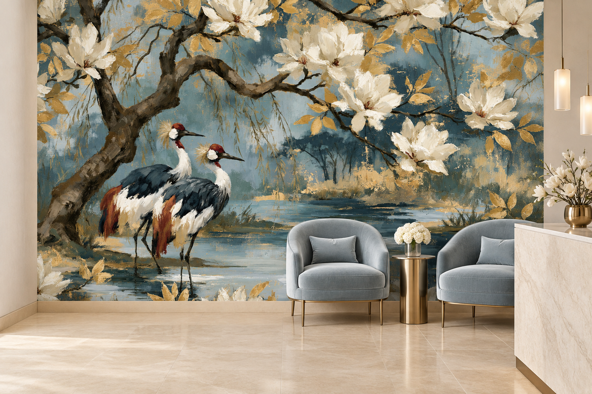 Blue crane pond and magnolia mural in a lounge with two blue-grey armchairs, a brass side table and a marble console