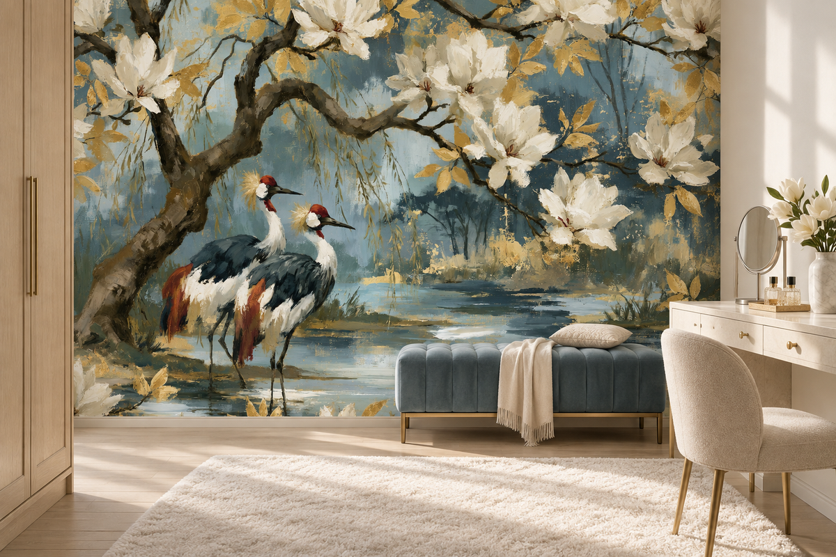 Crane and white magnolia wall mural in a dressing room with a tufted blue bench, a cream throw and a vanity with a round mirror