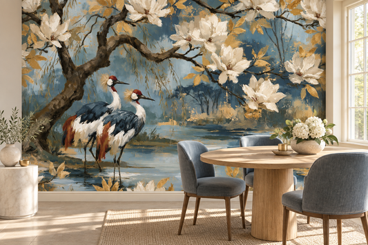 Blue crane pond mural in a dining nook with a round light wood table, blue-grey chairs and a window