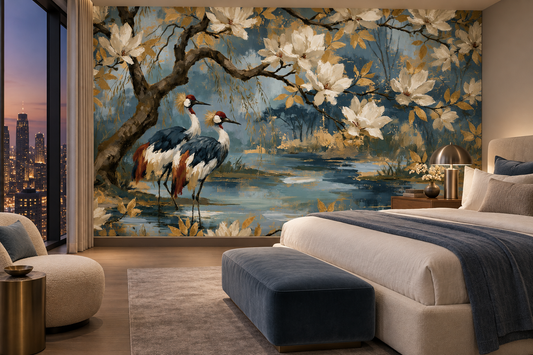 Cranes and magnolia mural behind a cream bed with a navy throw and a tufted blue bench, with a city skyline at dusk