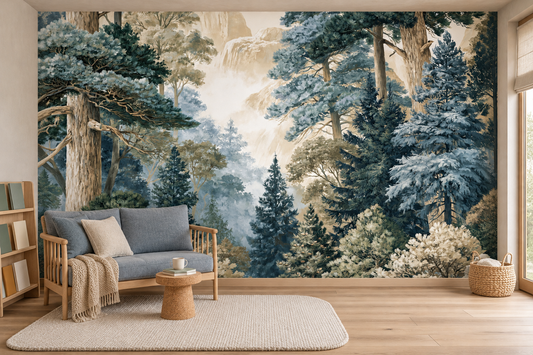 Blue evergreen and cream mist forest mural behind a light wood sofa with blue cushions, a round side table and a bookshelf