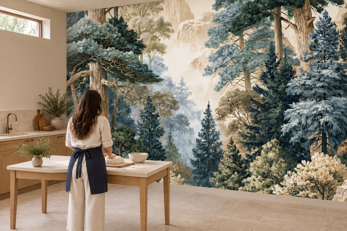 Misty pine forest wall mural in a kitchen where a woman in an apron kneads dough at a wood table beside wood cabinets