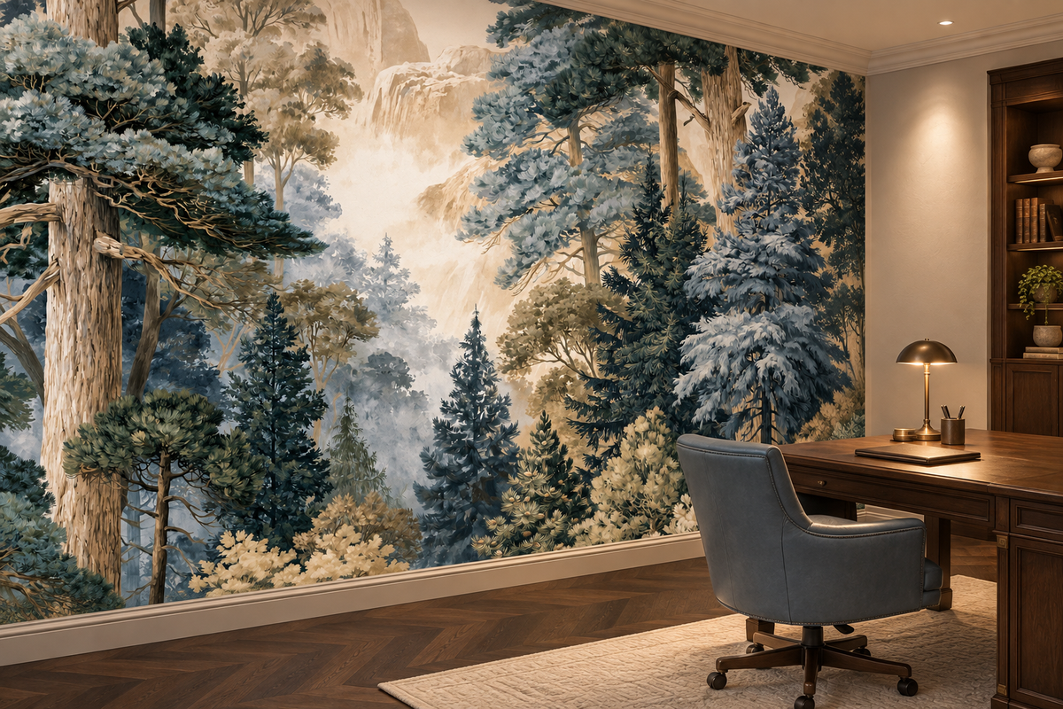 Blue-green pine forest mural in a home office with a walnut desk, a grey-blue chair, a brass lamp and a bookcase