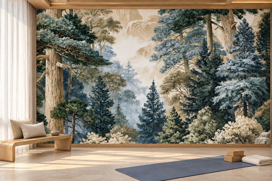 Evergreen forest mural in a yoga room with a low wooden bench, a white curtain, a yoga mat and blocks