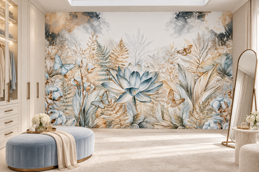 Lotus flower and butterfly wall mural in a dressing salon with a powder-blue tufted bench, a standing mirror and built-in cabinets