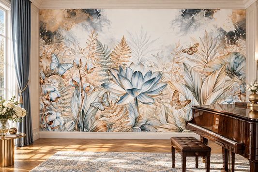 Blue lotus mural in a garden music room with a polished grand piano, pale blue curtains and a patterned rug