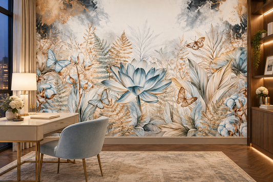 Lotus and butterfly mural in an evening writing study with a cream desk, a powder-blue chair and a table lamp