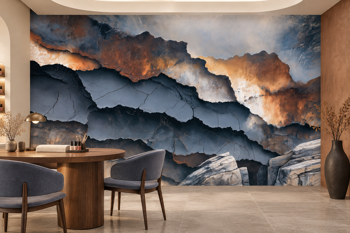 Blue gray and bronze layered stone mural in a suite with a round wood table, grey-blue chairs and a beauty desk