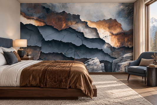 Slate blue and bronze stone mural behind a bed with a navy headboard, a bronze throw and a blue armchair