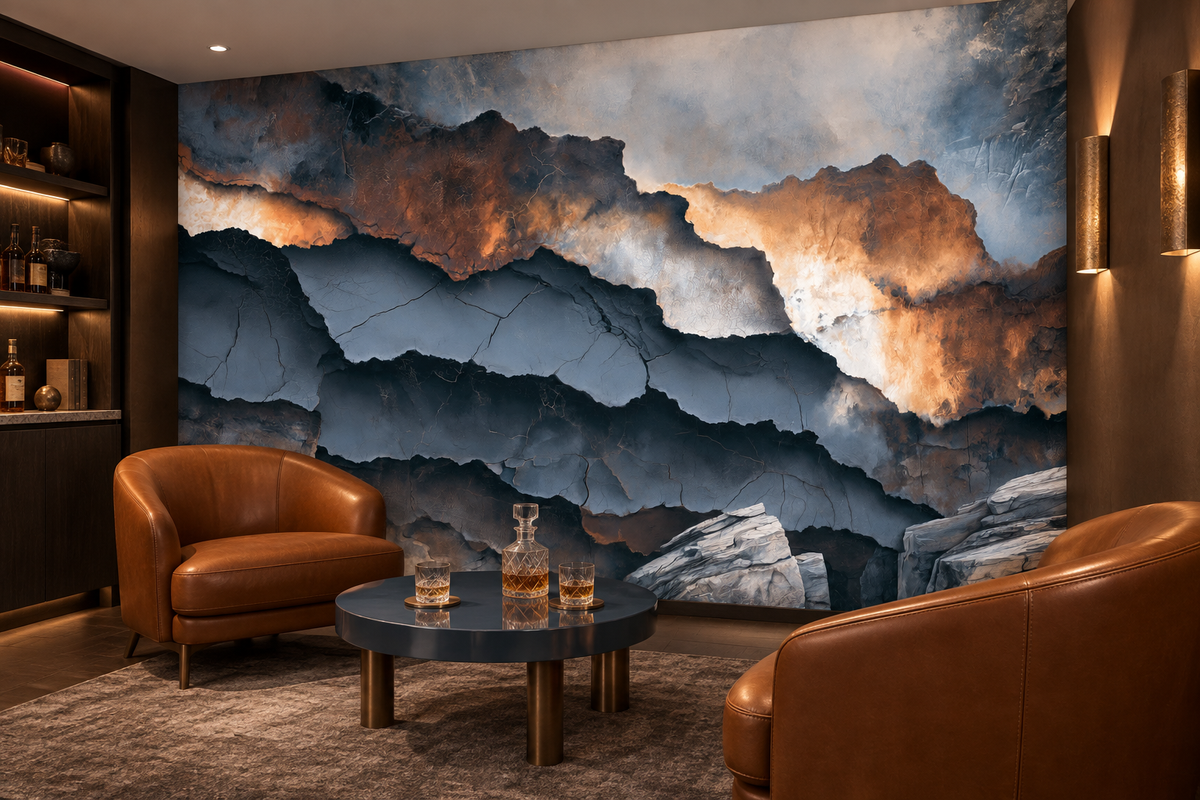 Layered rock mural in a lounge with two cognac leather armchairs, a dark round table with whisky glasses and built-in shelves
