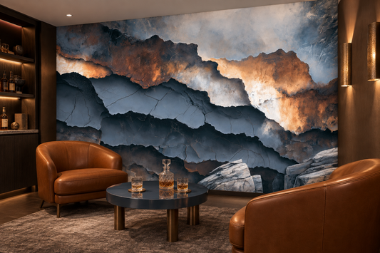 Layered rock mural in a lounge with two cognac leather armchairs, a dark round table with whisky glasses and built-in shelves