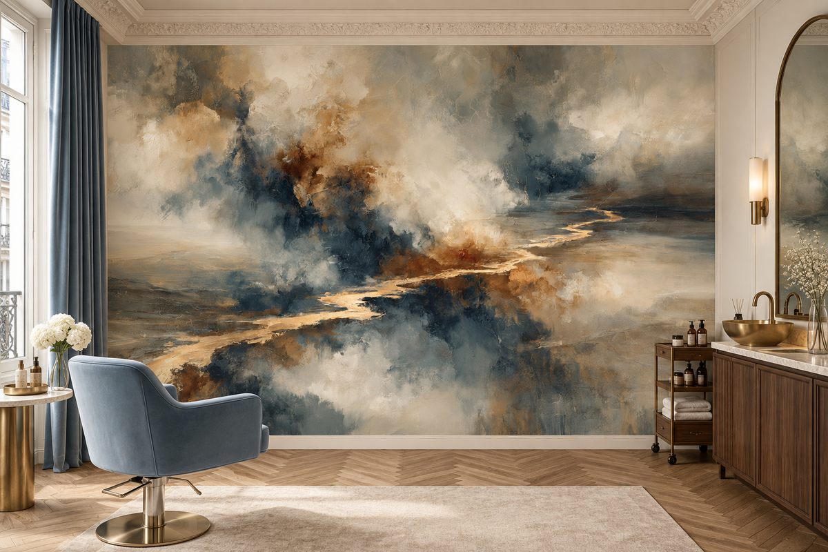 Blue gray and gold abstract cloudscape mural in a hair salon with a blue swivel chair, a brass side table and a wood station