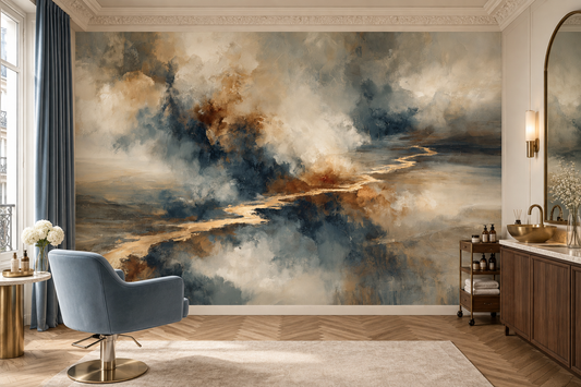 Blue gray and gold abstract cloudscape mural in a hair salon with a blue swivel chair, a brass side table and a wood station