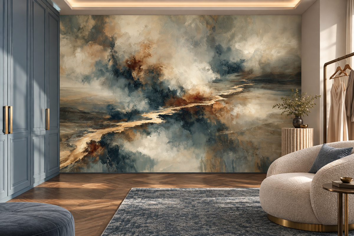 Abstract cloud and gold river mural in a dressing room with blue paneled cabinets, a boucle chair and a navy rug