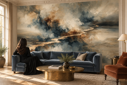Navy and gold cloudscape mural behind a navy velvet sofa, a brass coffee table and a rust armchair with a woman in black