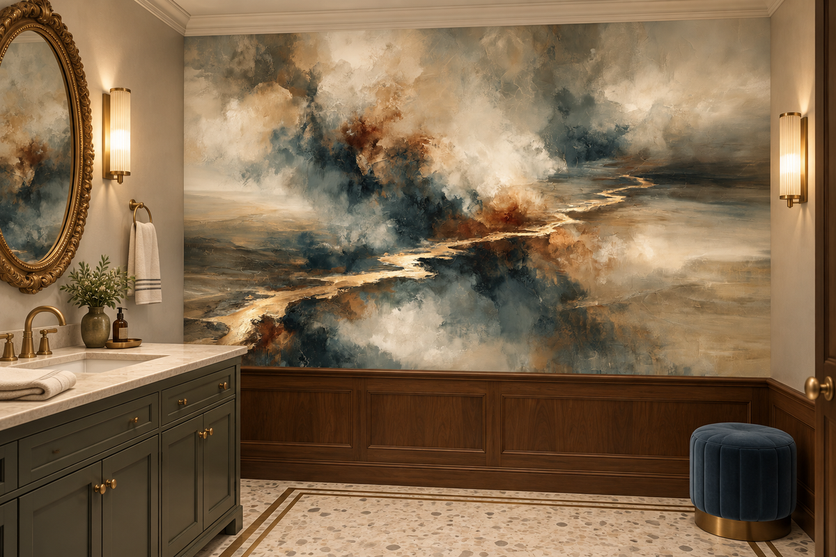 Abstract cloudscape mural in a powder room with a green vanity, brass fixtures, an oval gold mirror and wood wainscoting