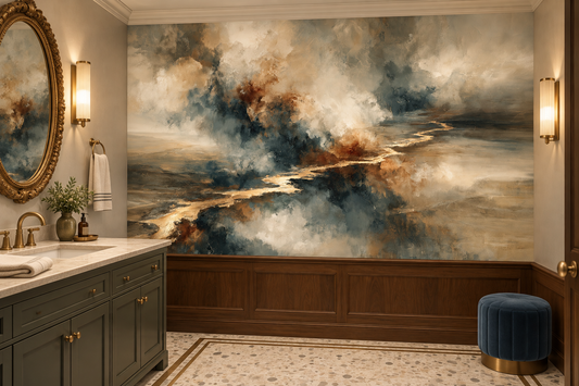 Abstract cloudscape mural in a powder room with a green vanity, brass fixtures, an oval gold mirror and wood wainscoting