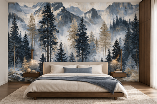 Blue gray pine forest and misty mountain mural behind a low platform bed with a blue-grey throw, wood nightstands and a wardrobe