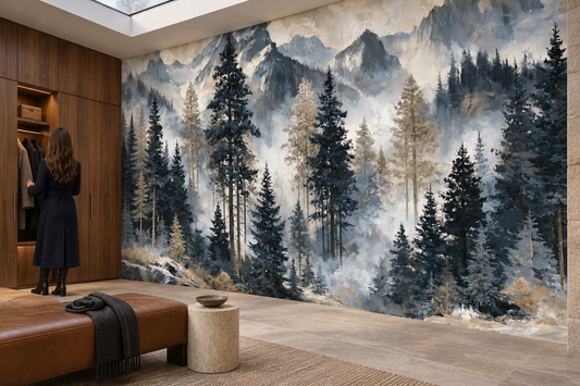 Misty alpine forest wall mural in a walk-in closet with a woman in a black coat, a brown leather bench and a travertine side table