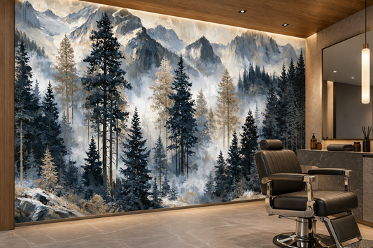 Pine forest and mountain mural in a barbershop with a black leather barber chair, a mirror and a wood ceiling