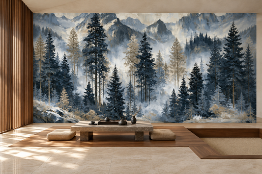Blue gray mountain forest mural in a tea room with a low wood table, floor cushions and a wood slat wall