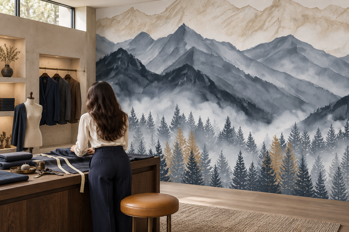 Watercolor mountains and gold pine forest mural in a tailor atelier where a woman works at a wood counter beside a mannequin