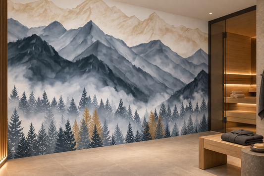 Blue gray mountain and pine mural in a spa lounge with a glass sauna door, a wood bench with folded towels and a stone counter