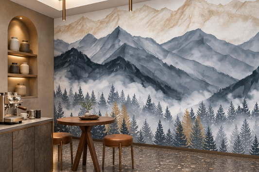 Watercolor mountain mural in a cafe nook with an arched shelf of jars, an espresso machine and a round wood table with cognac stools
