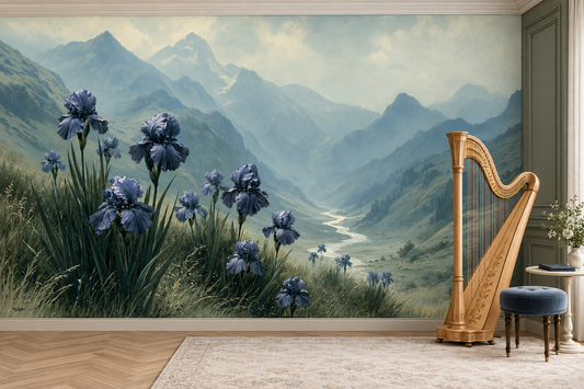 Blue iris and misty mountain valley mural in a music room with a gold harp, a blue velvet stool and an olive paneled wall