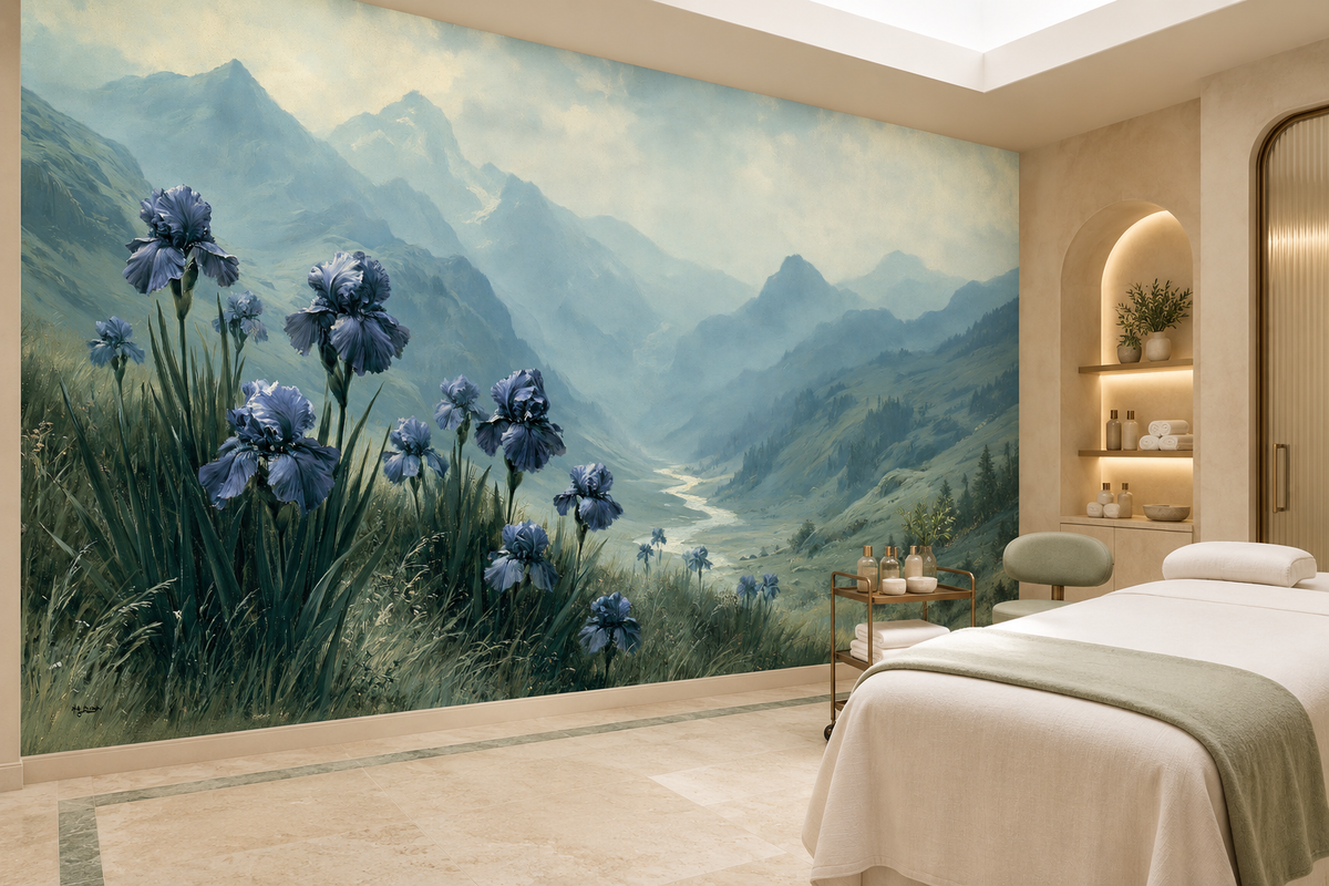 Iris flower and mountain valley wall mural in a spa room with a white massage bed, a sage blanket and arched shelves