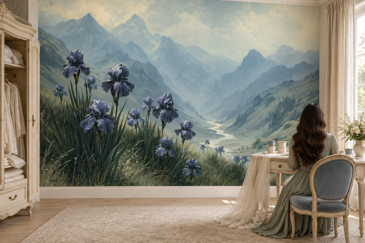 Blue iris meadow mural in a bedroom where a woman sits at a vanity desk with a French chair beside an armoire