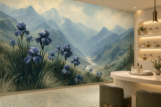 Blue iris and misty valley mural in a beauty bar with a curved cream counter, olive stools and arched shelves of products
