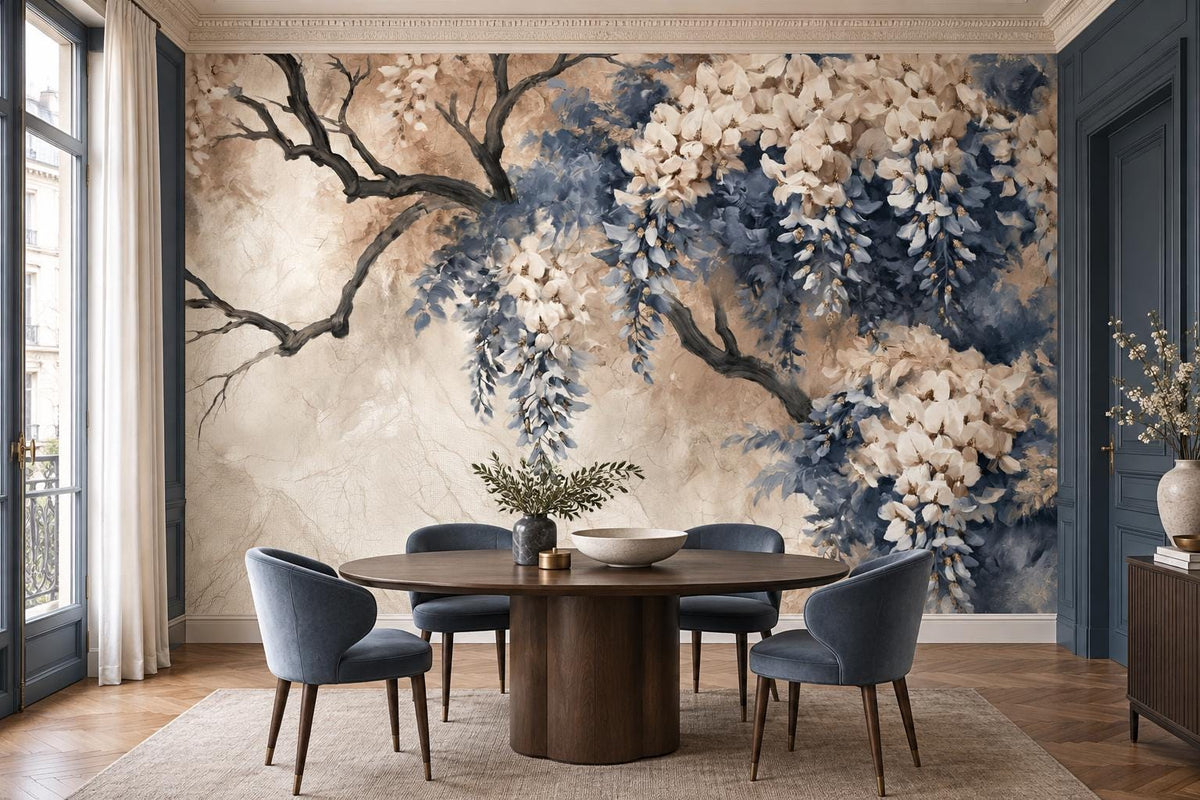 Blue and ivory flowering branch wall mural behind a round walnut dining table with slate-blue chairs