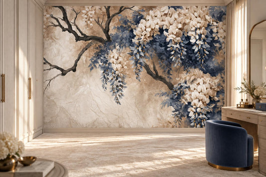 Cascading ivory and dusty blue floral wallpaper mural in a bright dressing room with a navy barrel chair