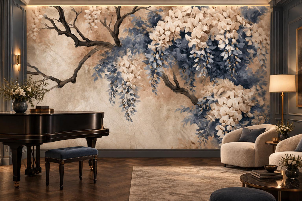 Chinoiserie-style blue and ivory floral branch mural in a music room with a black grand piano and cream armchairs