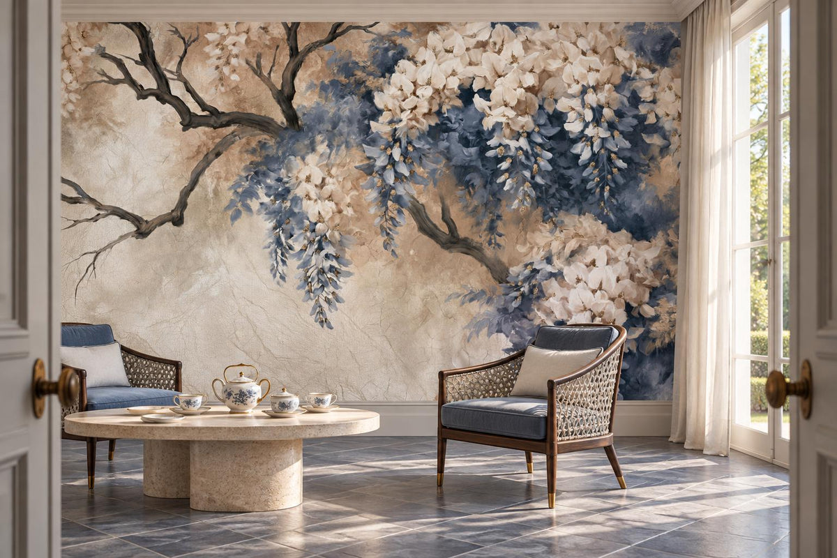 Ivory and blue blossom branch wall mural in a sitting room with a marble tea table and rattan armchairs