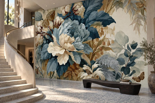 Giant ivory peony wallpaper mural beside a curved travertine staircase with a brass handrail