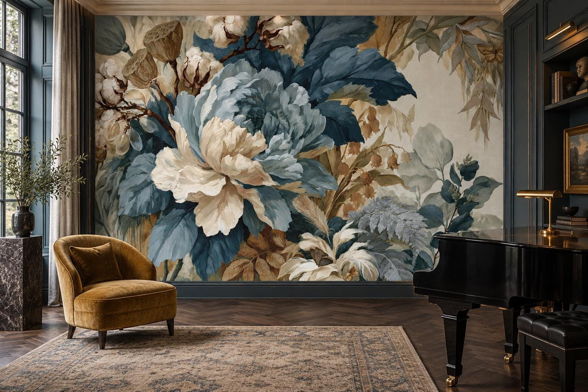 Blue peony and cotton boll wall mural in a music room with a black grand piano and a mustard velvet armchair