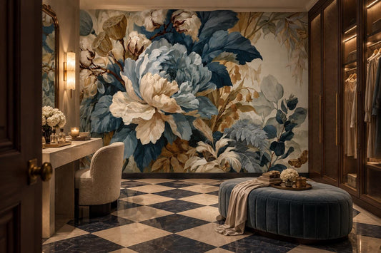 Ivory and slate blue floral mural in a dressing room with a checkerboard marble floor and a blue-gray tufted ottoman