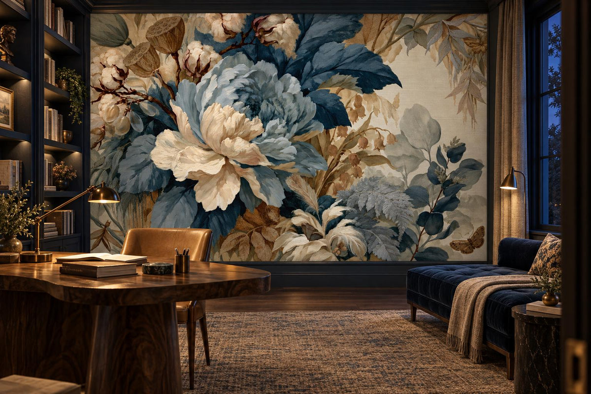 Blue and ivory peony wall mural in a study with a live-edge desk and a navy daybed