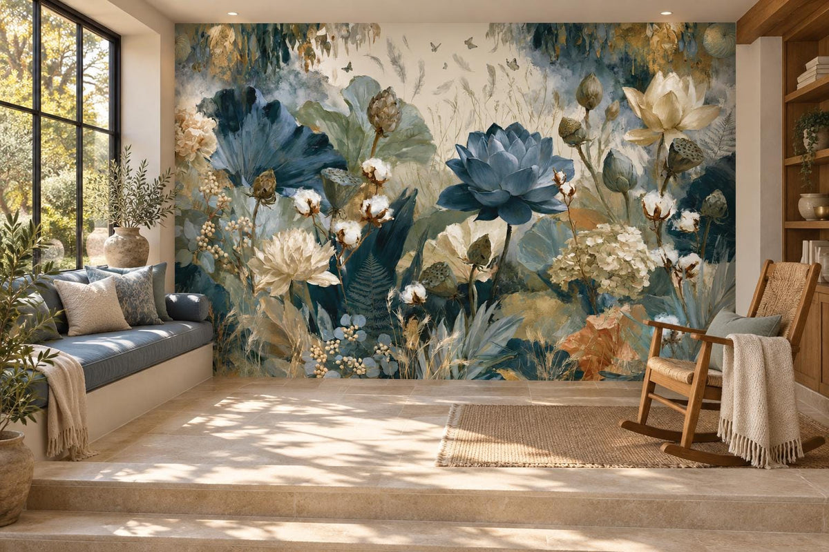 Blue lotus and ivory floral wall mural in a sunlit window-seat nook with a blue cushioned bench and a rocking chair