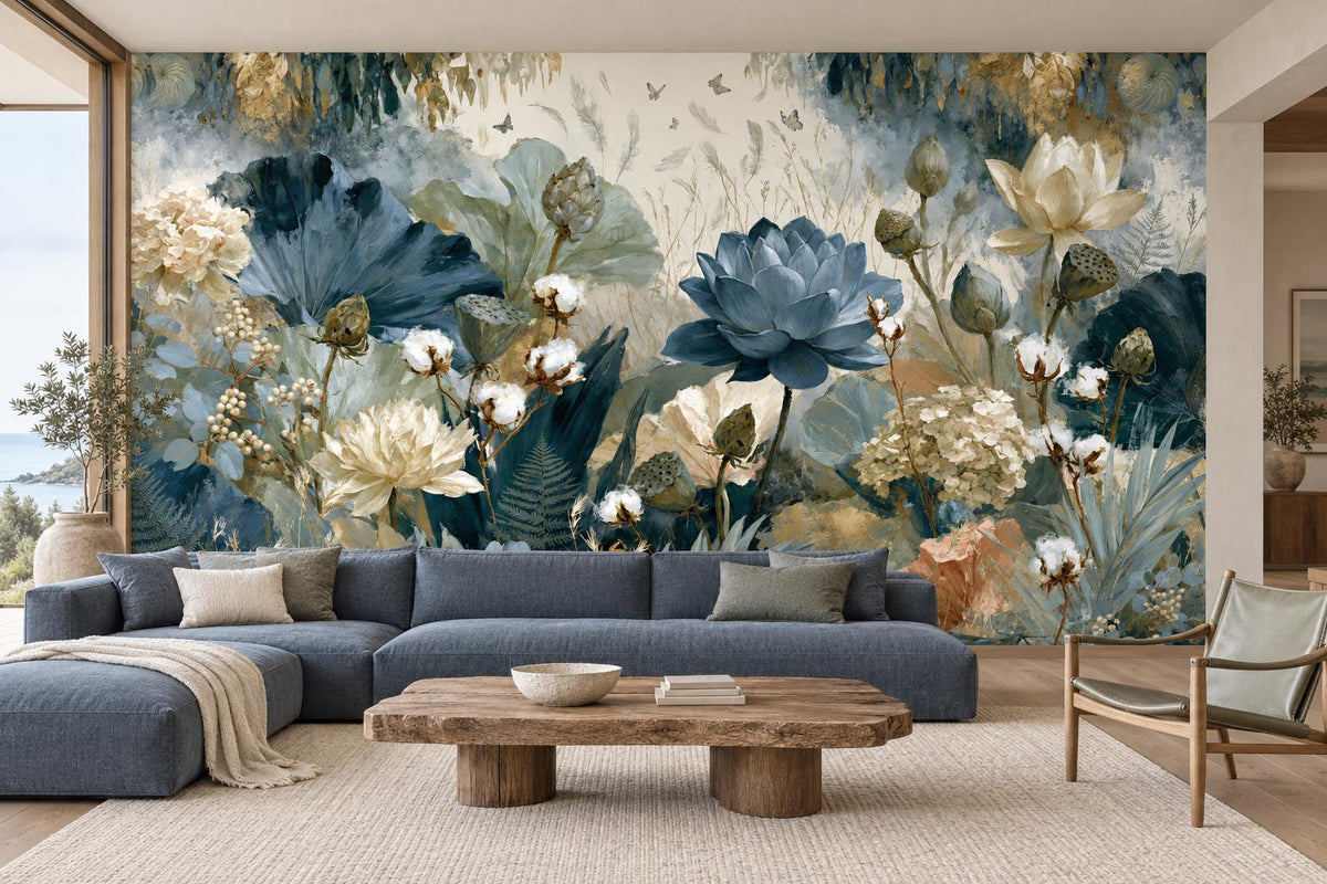 Dusty blue lotus botanical wallpaper mural behind a blue-gray sectional sofa and a live-edge coffee table