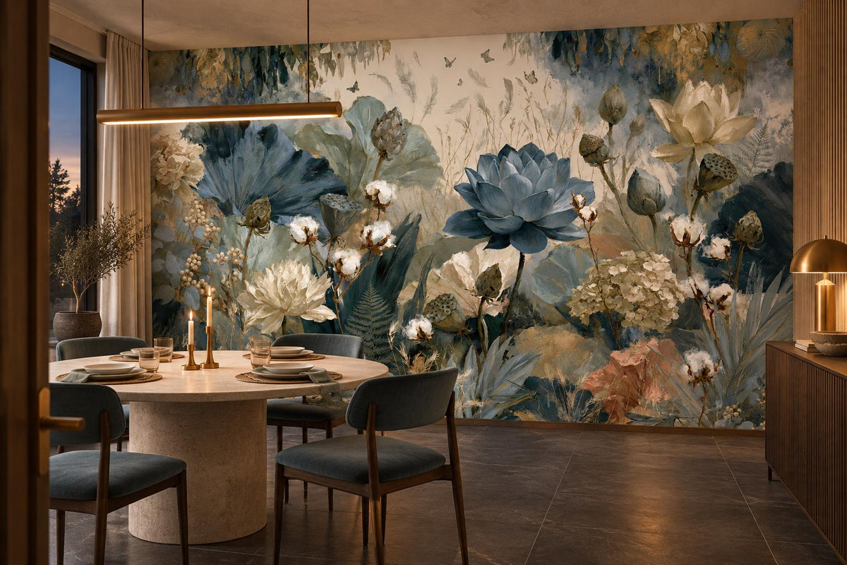 Blue lotus and cotton boll mural in a dining room with a round travertine table and candlesticks