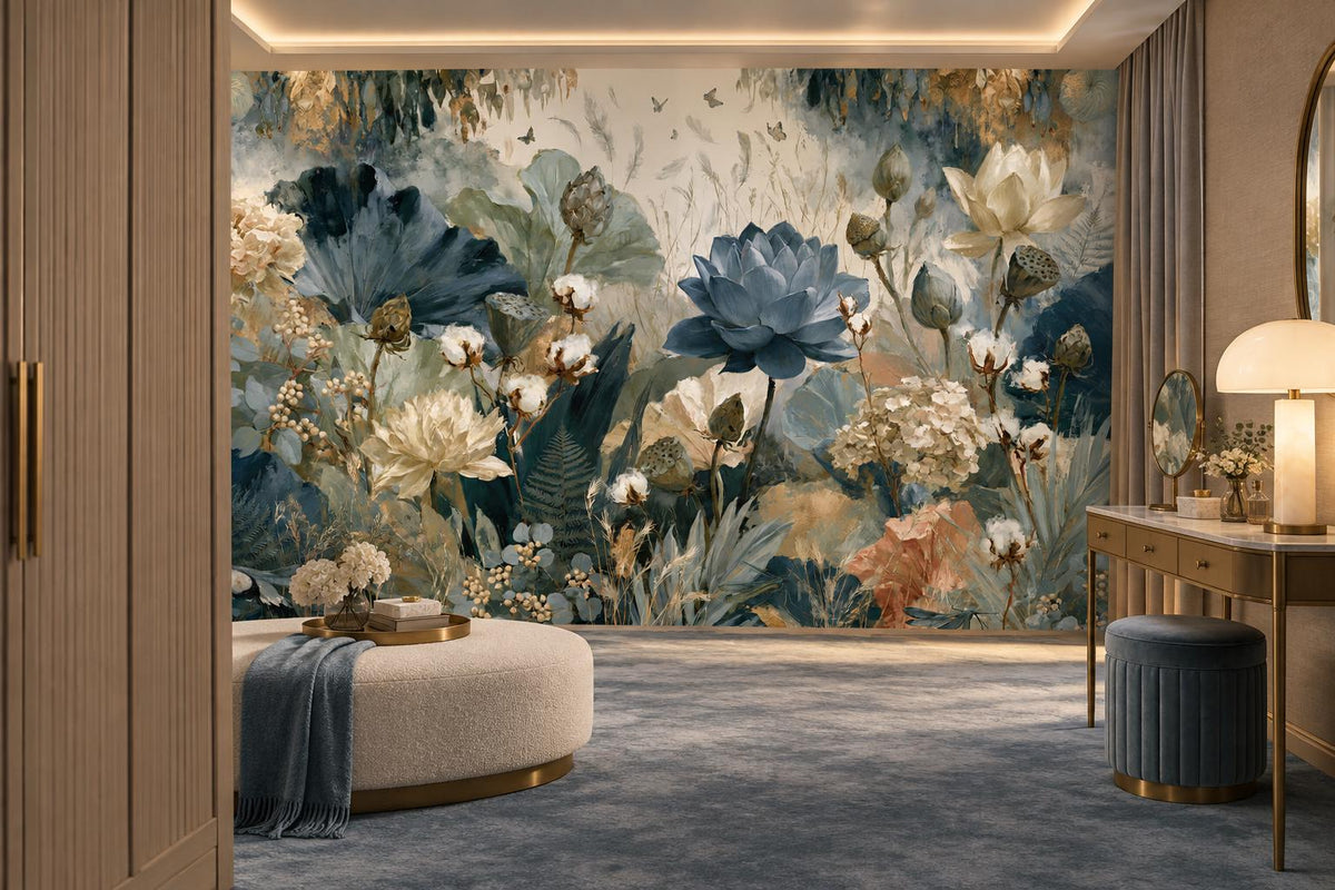 Ivory and blue floral wall mural in a lounge with a cream ottoman, a vanity and a blue velvet pouf
