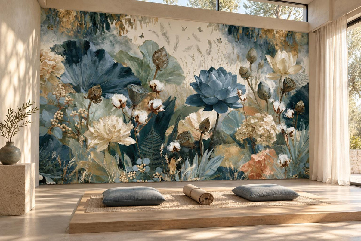 Blue lotus garden wall mural in a meditation space with floor cushions, a rolled mat and floor-to-ceiling windows