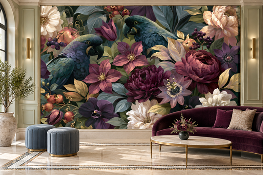 Blue parrots and plum flowers mural behind a plum velvet sofa, a round gold coffee table and blue pouf stools in a lounge
