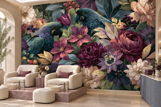 Plum and blue botanical parrot mural in a pedicure salon with cream chairs on a pink marble platform and a blue console